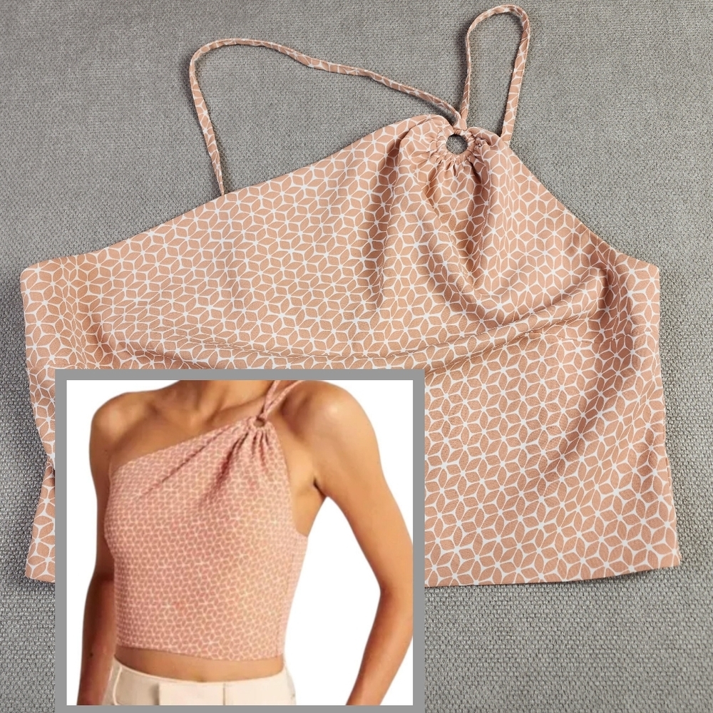 Abercrombie One Shoulder Smocked Crop Top Satin Peach Tan Size Large